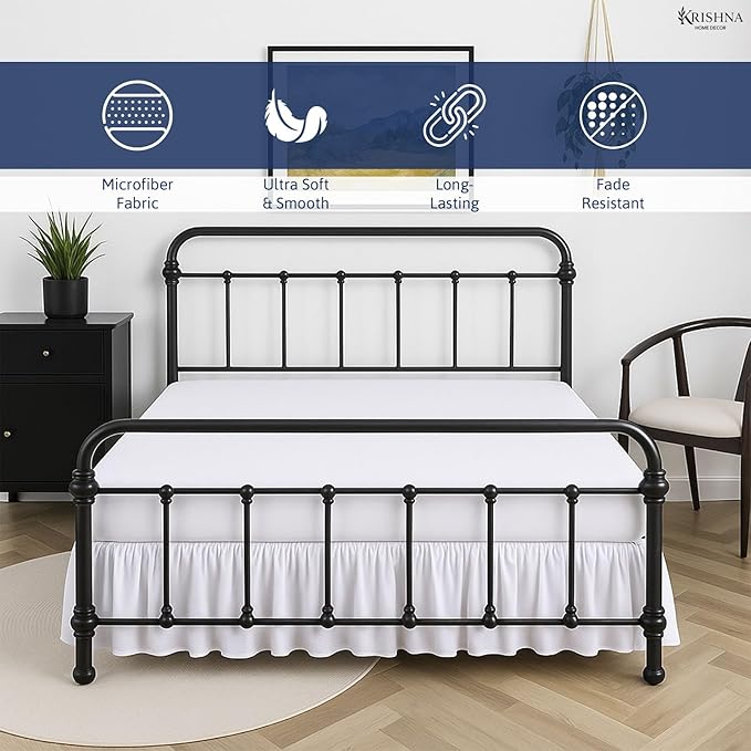 KRISHNA Ruffled Bed Skirt with Split Corners Queen, 100% Microfiber Hotel Quality, 15 Inch Drop Dust Ruffle Gathered Bedskirt with Platform, 60" x 80", White