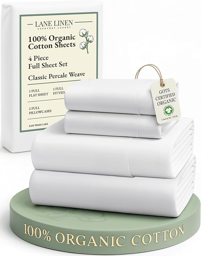 LANE LINEN 100% Organic Mercerized Cotton Pre Washed Full Size Bed Sheets, Soft & Comfy Low Pill Fade Resistance Fully Elasticized Oeko Tex Certified 15" Deep Pocket Full Sheet Set - White