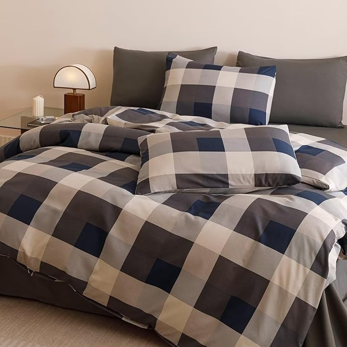 Cottonight Checkered Navy Comforter Set Cal King Gingham Grid Bedding Set Navy and Khaki Grid Comforter Fluffy Soft Blanket Quilts Modern Cottagecore Comforter California King Bed