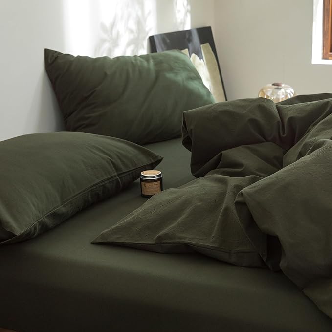 FOSSA Duvet Cover Set 100% Washed Cotton Linen Feel Super Soft Breathable Cozy 3 Pieces Bedding Sets Solid Olive Green Oversized Queen