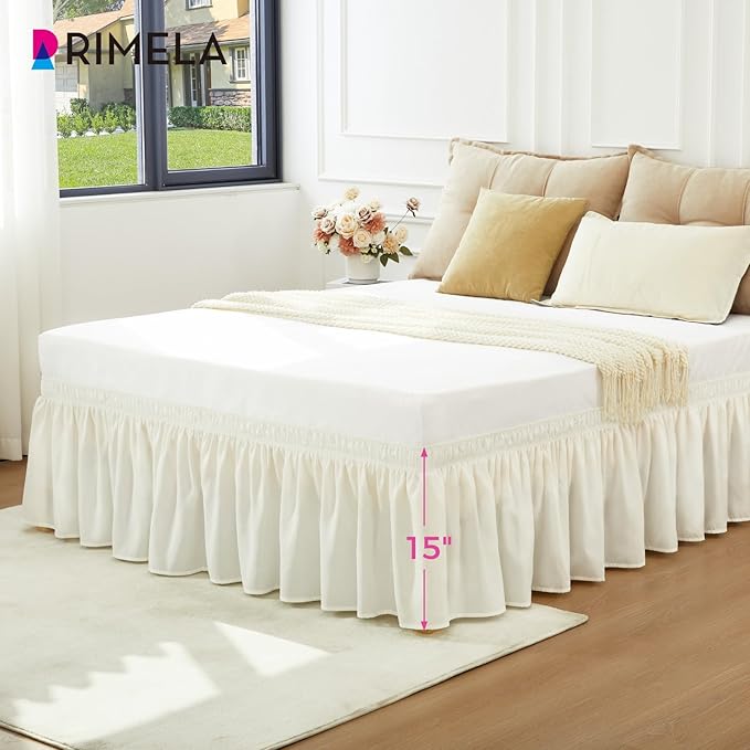 RIMELA Ivory White King Size Bed Skirt 15 Inch Drop, Elastic Bed Skirts Cal King Dust Ruffle, Bedskirt for Adjustable Bed Base Solid Fade Resistant Silky Fabric Machine Washable Easy to Install