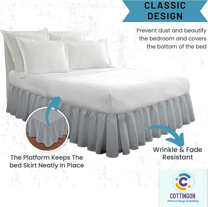 Cottingon Ruffled Bed Skirt with Split Corners-Dust Ruffle - 16" Drop 100% Microfiber Soft,Sheen & Luxurious Look - Bed Skirts (Light Grey -Full)