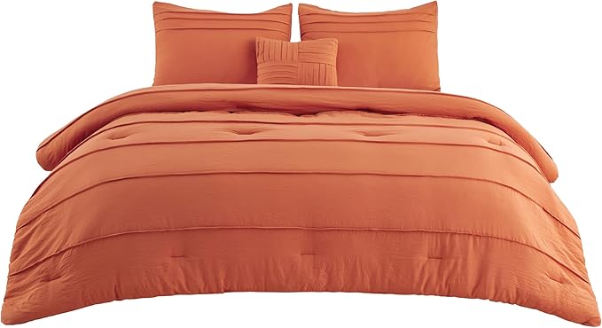 Bedsure Queen Comforter Set - 4 Pieces Pinch Pleat Bed Set, Burnt Orange Boho Bedding for All Season, 1 Soft Comforter, 2 Pillowcases, 1 Decorative Pillow