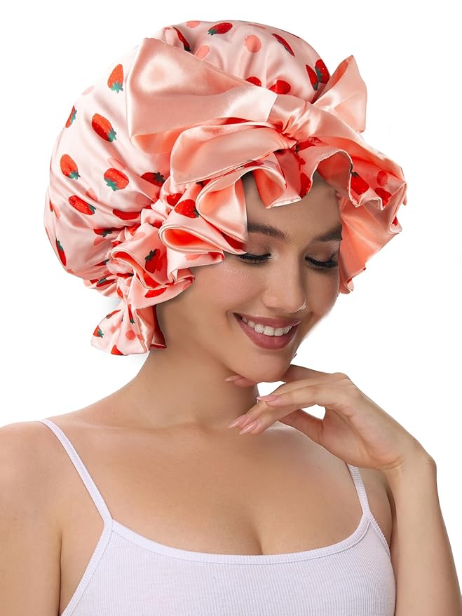 Silk Bonnet for Sleeping Women, Satin Hair Shower Cap 2025 Tie Band Adjustable Straps Head Wrap for Curly Hair Strawberries F