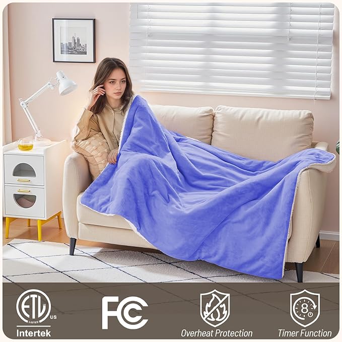 Electric Heated Blanket Throw 50"x60" - Soft Cozy Flannel & Sherpa Fabric Dual-Sided, 9 Heat Settings & 2-10 Hours Auto Off, Warming Heated Throw for Home Office, Machine Washable, Purple