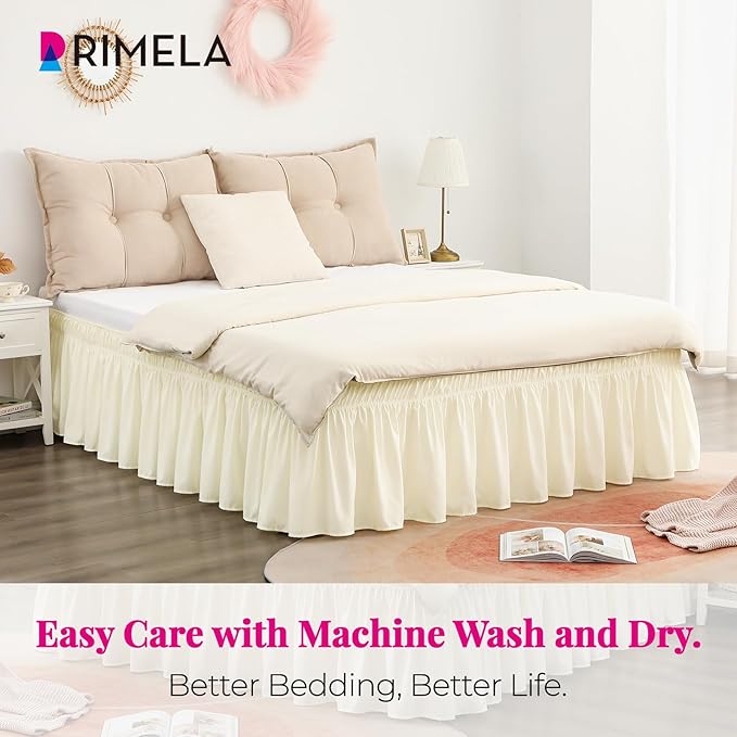 RIMELA Cream Yellow Bed Skirt Full Size 15 Inch Drop, Elastic Bed Skirting for Bed Base and Frame, Bedding Dust Ruffle Easy to Install, Lightweight Wrap Around Adjustable Bedskirt