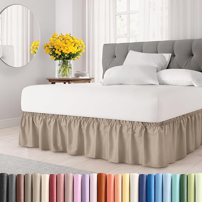 Wrap Around Dust Ruffle Bed Skirt - Cream - for Full Size Beds w/ 16 Inch Drop - Easy Fit Elastic Strap - Adjustable Pleated Bedskirt w/Brushed Fabric, Wrinkle & Fade Free Women, Men, Kids & Teens