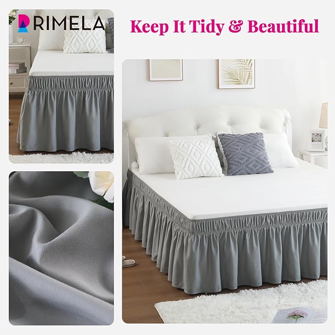 RIMELA Grey Queen Size Bed Skirt 15 Inch Drop,Elastic Bed Skirting, Light Gray Bedskirt for Adjustable Bed Base and Frame, Lightweight Wrap Around Dust Ruffle