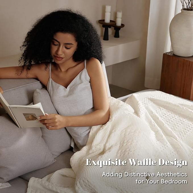 PHF 100% Cotton Waffle Weave Blanket Twin Size for Bed, Soft Lightweight & Breathable, All-Season Comfort, Luxury Aesthetic Woven Bedding for Home Decor, 66"x90", Ivory