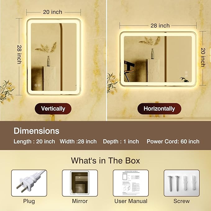 20"x28" LED Bathroom Mirror with Front and Backlight, Lighted Bathroom Vanity Mirror with Stepless Dimmable, 3 Color, Anti-Fog, Smart Bathroom Mirror with LED Lights
