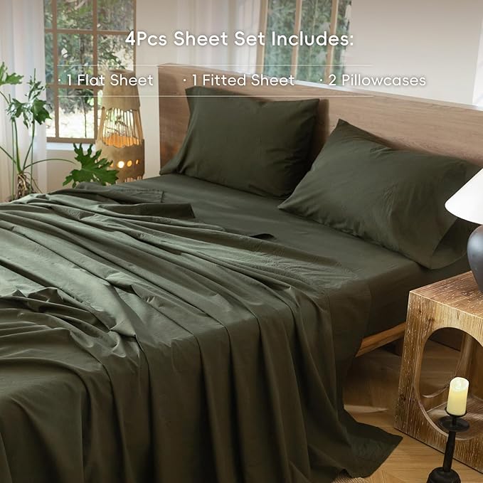 MooMee Bedding Sheet Set 100% Washed Cotton Linen Like Textured Breathable Durable Soft Comfy (Solid Olive Green, California King)