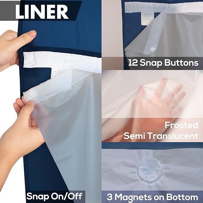 Extra Long No Hook Slub Textured Shower Curtain with Snap-in PEVA Liner Set - 71" x 86"(84"), Hotel Style with See Through Top Window, Navy Blue Fabric Curtain & Waterproof Liner, Navy Blue, 71x86
