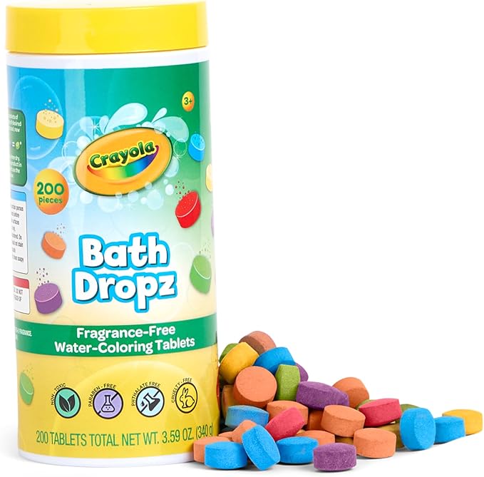 Crayola Bath Dropz Color Changing Tablets, 200 Piece Fizzies Bath Bombs in Assorted Colors, Fragrance Free, Water-Coloring Tablets