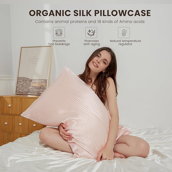 THXSILK Pink Plaid Style 6A+ Grade Mulberry Silk Pillowcase for Hair and Skin, 22 Momme Silk Pillow Case with Hidden Zipper, Organic Silk Pillowcase Queen Size 20x30 inches, 1PC, Pink Plaid