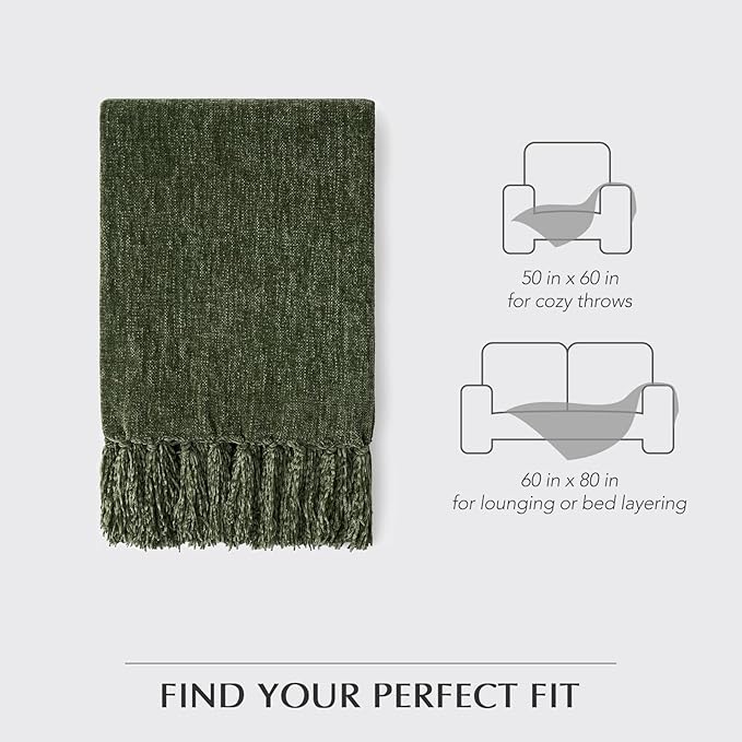 EVERGRACE Soft Chenille Throw Blanket for Couch, Cozy Plush Fuzzy Decorative Chenille Knit Throw Blanket with Tassels, Lightweight Blanket and Throws for Bed Sofa Gift Home Decor, Olive Green 50"x60"