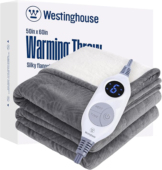 Westinghouse Heated Throw Blanket, Flower Jacquard Electric Blanket Throw with 6 Heating Levels& 2-10 Hours Auto-Off, Flannel to Sherpa Super Cozy Heated Blanket, Machine Washable (50x60‘’ Light Grey)