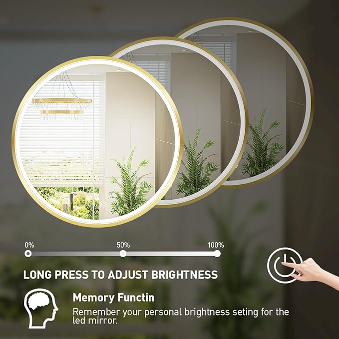 36" Round LED Bathroom Mirror, Dimmable Anti-Fog Vanity Mirror with Touch Control, 6000K Natural Light, Gold Metal Frame, Wall Mounted for Makeup Shaving (IP54, 90+ CRI)