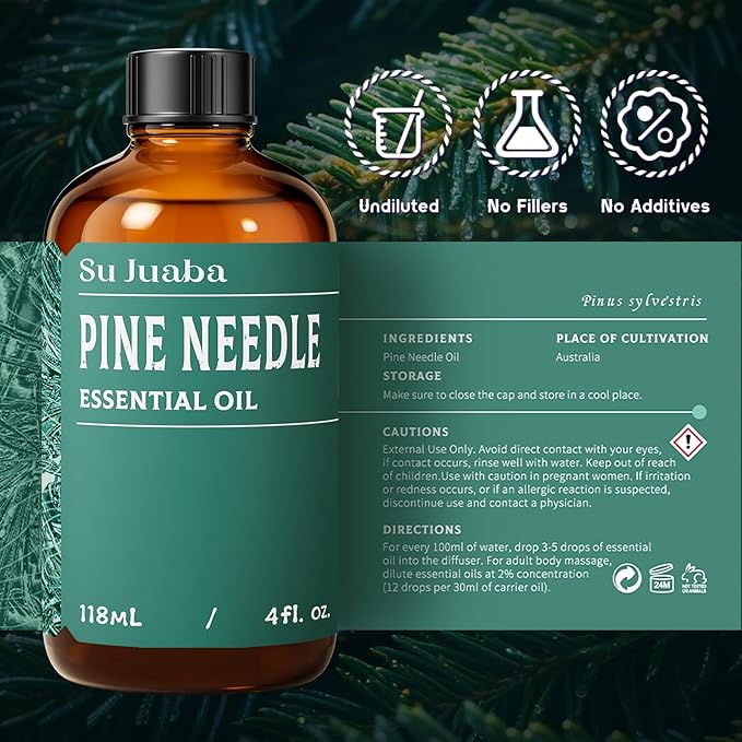 SU JUABA 4 Fl Oz Pine Needle Essential Oil, 100% Natural Aromatherapy Oil for Diffuser, Skin, Hair, Candle & Soap Making - 118ML