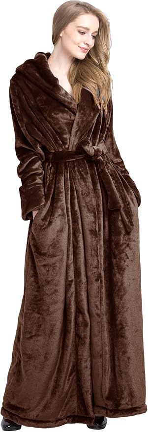 Women's Plush Robe Extra Long Robe with Pockets Thicken Soft Warm Bathrobe