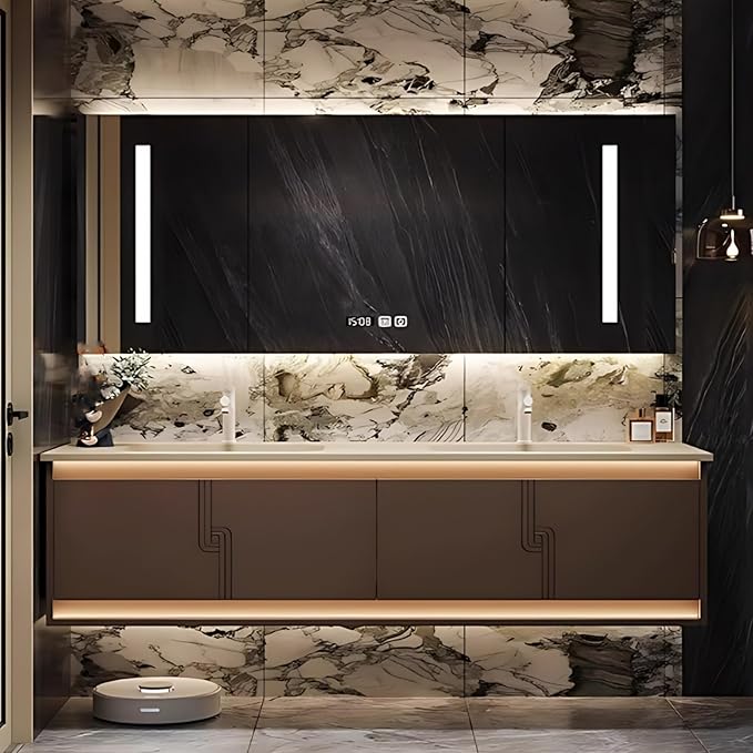 82IN Bathroom Vanity Set with Sink, Smart Defogging Vanity Mirror with 2 Light Strips | with Motion Sensing Light Strips, Bathroom Double Vanities with Sink Includes 2 Drawers (Mirror Cabinet)