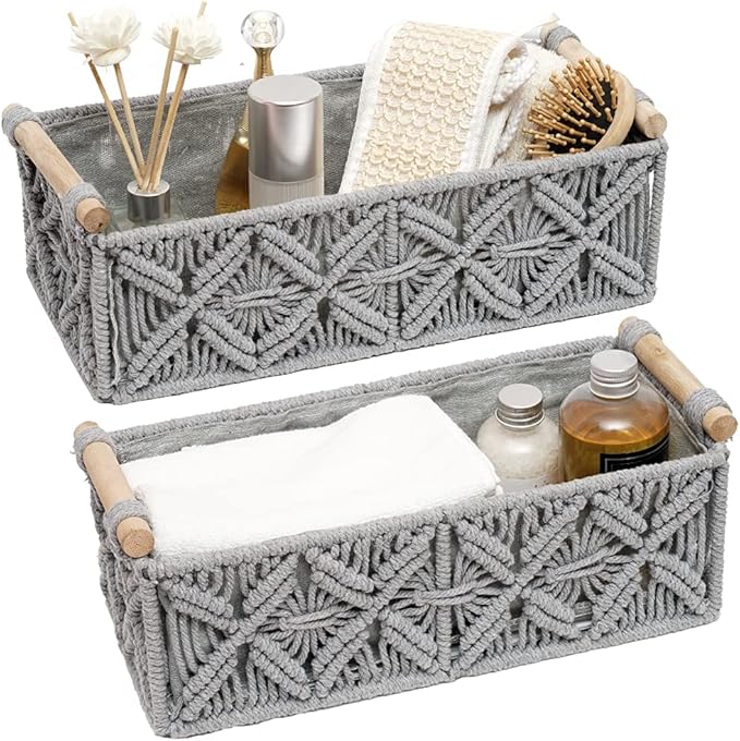 Macrame Storage Basket Boho Decor Baskets for Organizing Woven Decorative for Countertop Toilet Paper Basket for Tank Top for Home Decor Bedroom Nursery Livingroom Entryway (Set of 2,Grey)