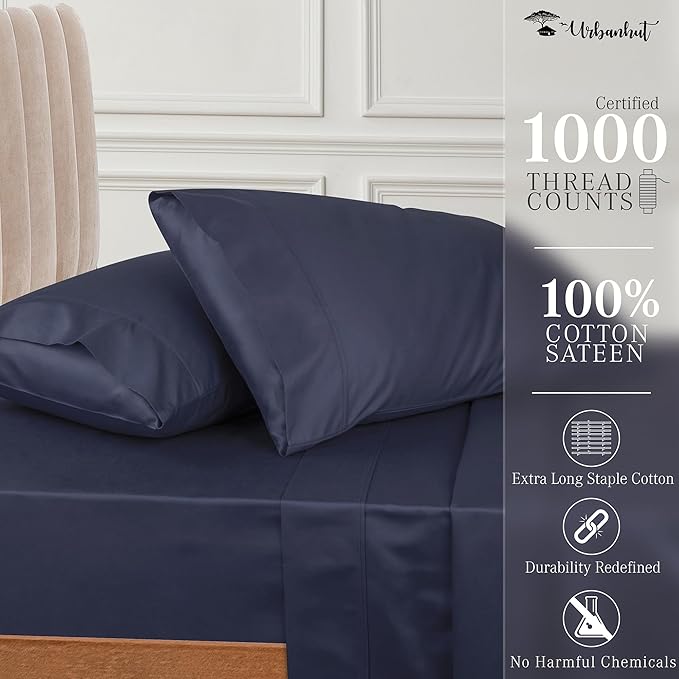 URBANHUT 1000 Thread Count Queen Sheet Set Egyptian Cotton Sheets, Long Staple Soft & Breathable, 4 Pc Bed Sheet Sets for Queen Size Bed, Luxury Hotel Sateen Sheets Fits 16" Deep Pocket - Navy Blue