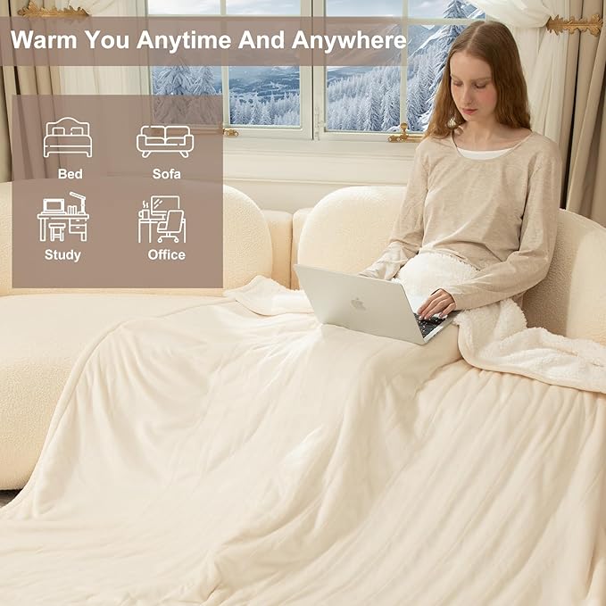 Electric Blanket Full Size 72" X 84" - Flannel Sherpa Heated Blanket with Fast Heating, 6 Heat Settings, 1-10 Hrs Timer Settings, ETL Certified Heating Blanket, Washable, White