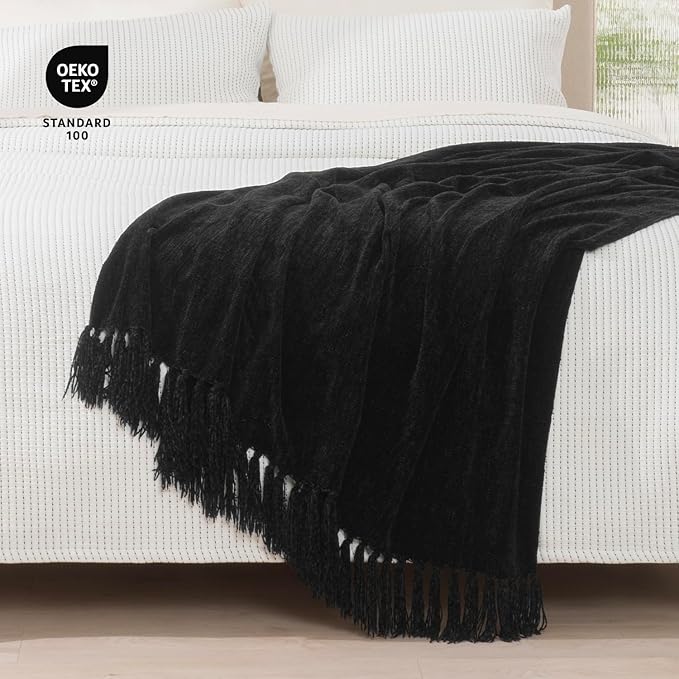 RECYCO Throw Blanket Soft Cozy Chenille Throw Blanket with Fringe Tassel for Couch Sofa Chair Bed Living Room Gift (Black, 50" x 60")
