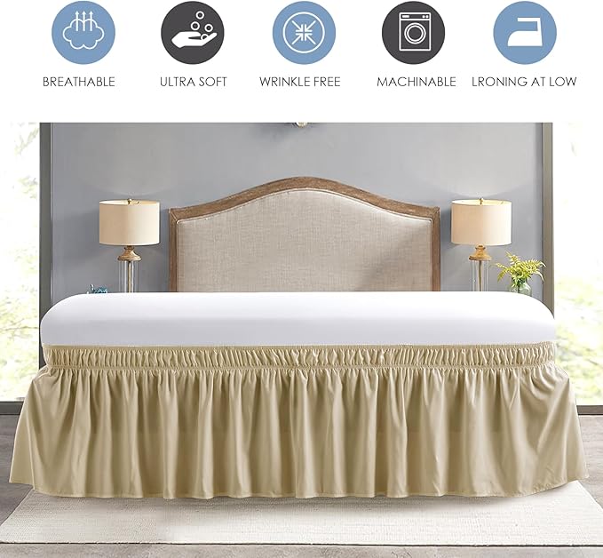 FreshCulture Elastic Wrap Around Bed Skirt - Easy Fit with 18-Inch Tailored Drop, Hotel Quality Dust Ruffle for Full Size Bed (Beige)