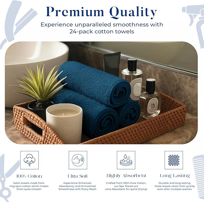 DAN RIVER 100% Cotton Salon Towels Set – 16x26 inches, Pack of 24, Highly Absorbent and Quick-Dry Towels for Hand, Salon, Spa, Beauty, Gyms and Home Hair Care, Navy