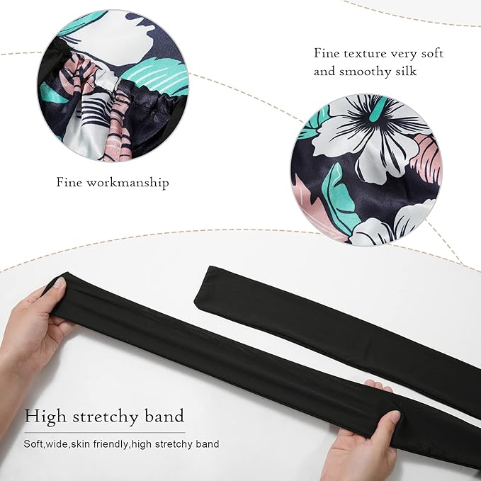 AWAYTR Long Satin Bonnet for Braids - Elastic Silk Hair Bonnets for Sleeping Night Cap Stretchy Tie Band for Women（Flower D）