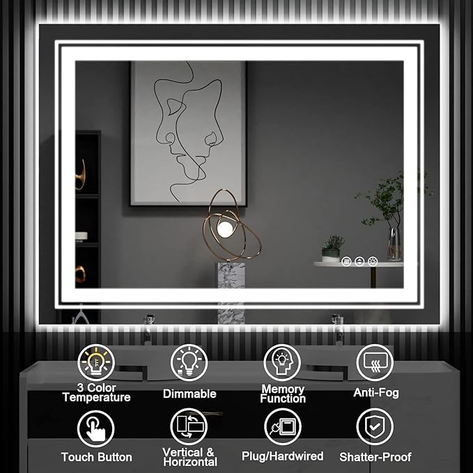 LED Bathroom Mirror, 55"x30" with Front and Backlit, Anti-Fog, Large Bathroom Vanity Mirror for Wall, Memory Function, Stepless Dimmable, Tempered Glass (Horizontal/Vertical)