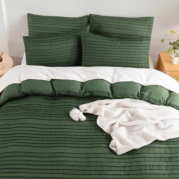 NEXHOME PRO California King Duvet Cover, Blue 3 Pieces Boho Tufted Duvet Cover Set, Soft and Lightweight Microfiber Comforter Cover Set (Forest Green,104 x 98)-No Comforter