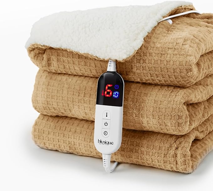Heated Blanket Electric Blanket Twin Waffle, 62x84 Inches Sherpa Fleece Fast Heating Blanket 6 Heating Levels & 10 Hours Auto Off ETL Certification, Caramel Twin
