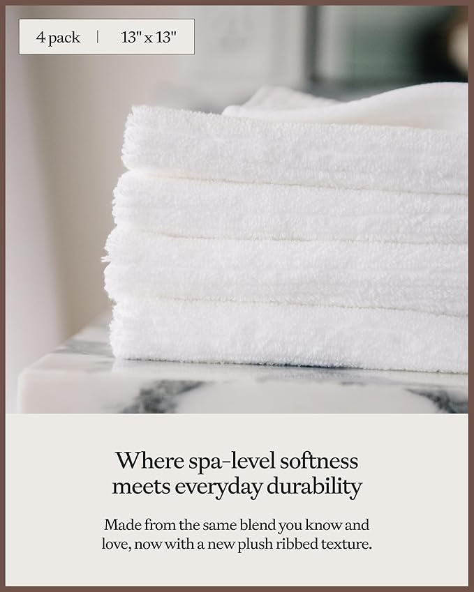 Cozy Earth Ribbed Washcloth Set - 60% Cotton 40% Viscose from Bamboo Bathroom Washcloths - Soft & Absorbent Textured Ribbed Pattern - 4 Pack White