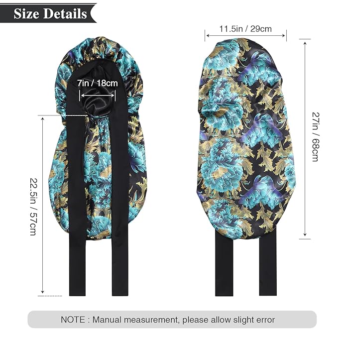 AWAYTR Long Satin Bonnet for Women - Double Layer Elastic Silk Bonnet for Braids Hair Sleeping Cap with Tie Band (Print+Black)