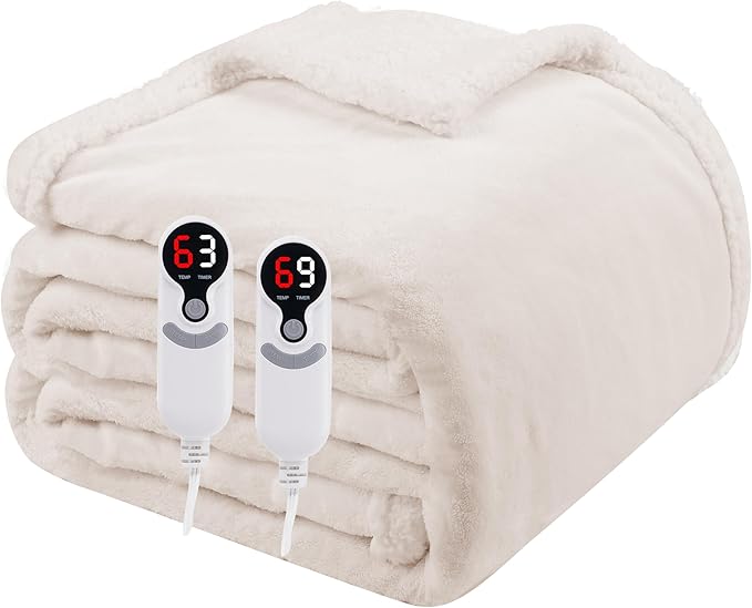 Electric Heated Blanket Queen Size 84"x90", Soft Flannel with Dual Controllers & Overheat Protection, 6 Adjustable Heat Settings & 10-Hour Auto-Off Timer, Fast Heating for Winter Comfort, White