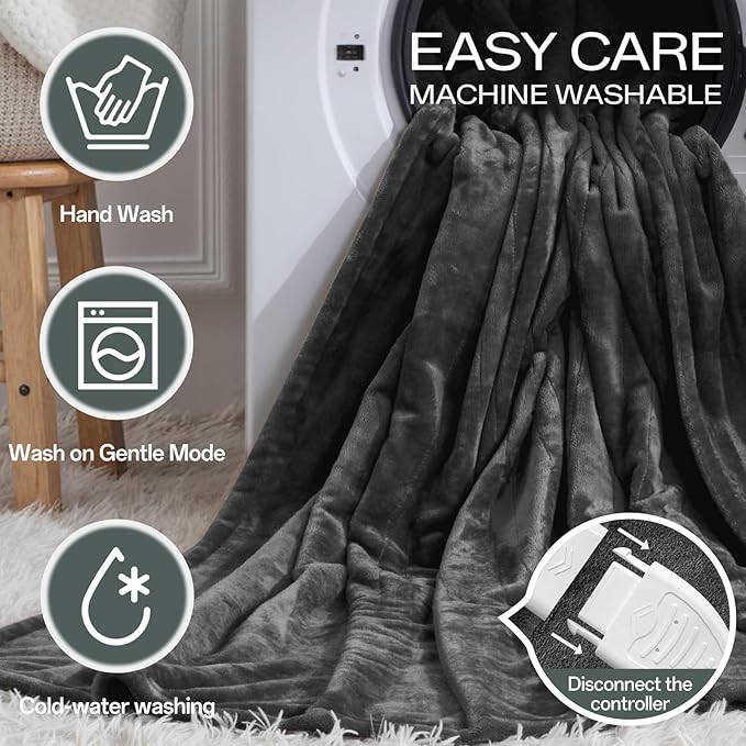 Heated Blanket Twin Size, Electric Blanket with 1-10 hrs Timer Auto-Off & 8 Heating Levels, Double-Layer Flannel Heating Blanket with ETL Certification, Machine Washable (62”x 84”, Dark Grey)