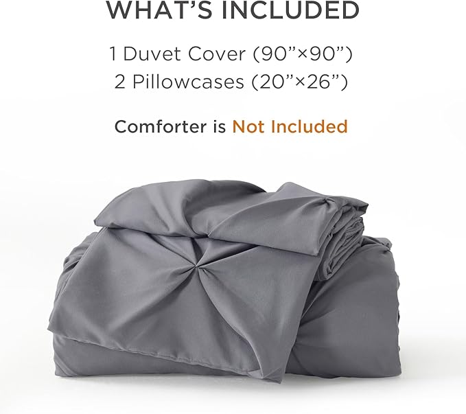 Litanika Dark Grey Pinch Pleat Duvet Cover Queen, 3 Pieces Pintuck Soft Microfiber Bedding Set with Zipper Closure & Corner Ties(90x90Inch-1 Duvet Cover, 2 Pillowcases)