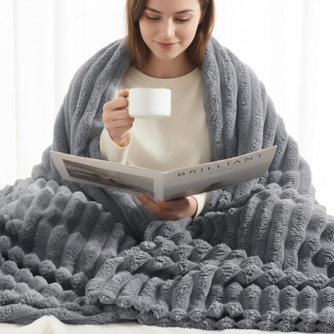 decorUhome Christmas Soft Fleece Grey Blanket Queen Size for Bed, Cozy Fluffy Plush Flannel Large Striped Throws for Couch Sofa, Lightweight Decorative Fuzzy Blanket for Woman, 90x90 Inches