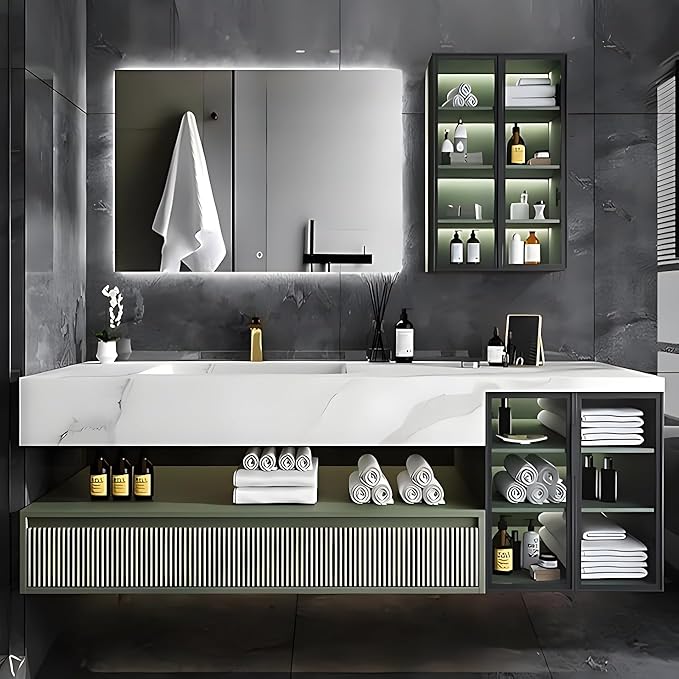 Floating Vanity for Bathroom, 52" Green Bathroom Vanity Set with LED Defog Mirror and Side Medicine Cabinet, Wall Mount Bathroom Storage Cabinet with Glass Door, Single Sink Bath Vanities - Green