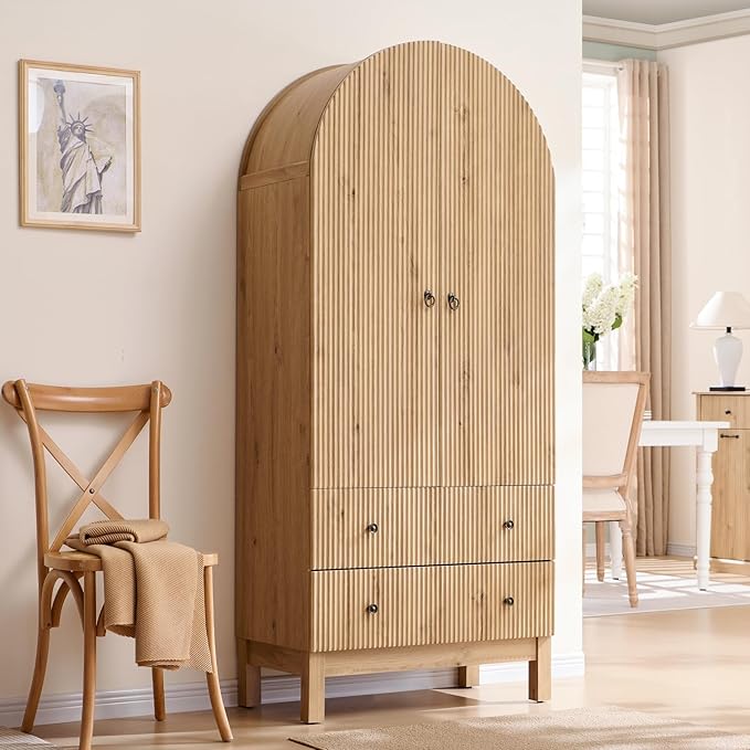 71" Tall Arched Bathroom Storage Cabinet, Modern Fluted Cabinet Storage with 4 Shlves and 2 Drawers, Floor Cabinet for Bathroom, Living Room, Kitchen, Natural