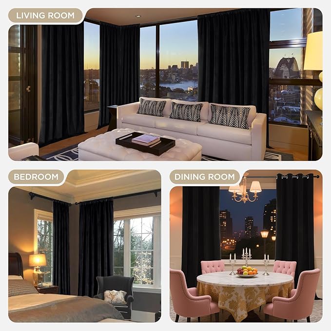 Joydeco Black 100% Blackout Curtains 72 Inch 2 Panels, Luxury Thermal Insulated Black Velvet Curtains for Bedroom Living Room, Soundproof Blackout Window Drapes, Grommet Top (52W x 72L)