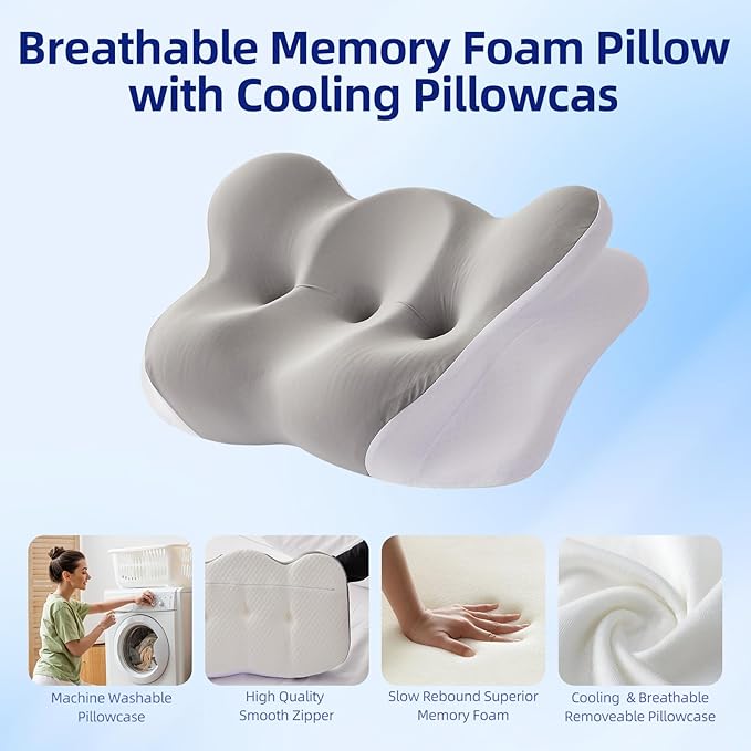 Cervical Neck Pillow - Memory Foam Pillows for Pain Relief Sleeping with Cooling Pillowcase, Ergonomic Contour Odorless Bed Pillow for Back Side Shoulder Stomach Sleeper, Queen Gray