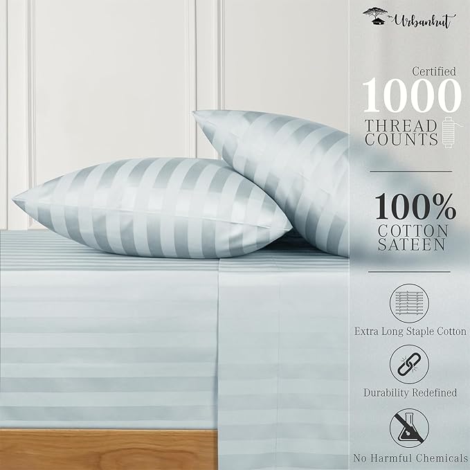 URBANHUT 1000 Thread Count Damask Striped California King Sheet Set Egyptian Cotton, Long Staple Soft & Breathable, 4 Pc Bed Sheet Sets, Luxury Hotel Sateen Sheets Fits 16" Deep Pocket - Light Blue