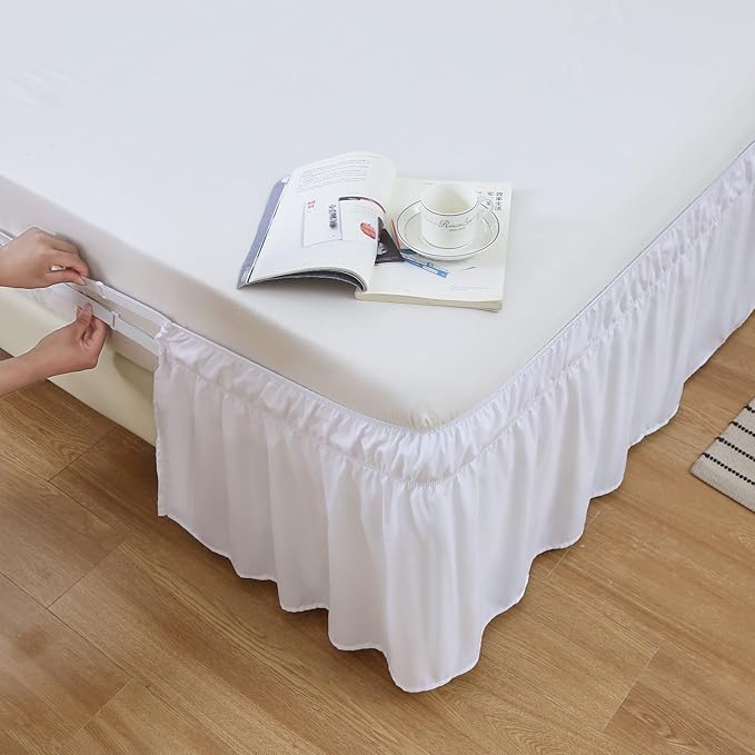 MEILA Wrap Around Bed Skirt Three Fabric Sides Elastic Dust Ruffled 16 Inch Tailored Drop,Easy to Install Fade Resistant-White, Queen/King