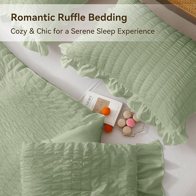 JOLLYVOGUE Sage Green King Comforter Set, 3 Pieces Seersucker Comforters King Size, Lightweight & Fluffy Bedding Sets King for All Season with 1 Ruffle Comforter and 2 Ruffle Pillowshams