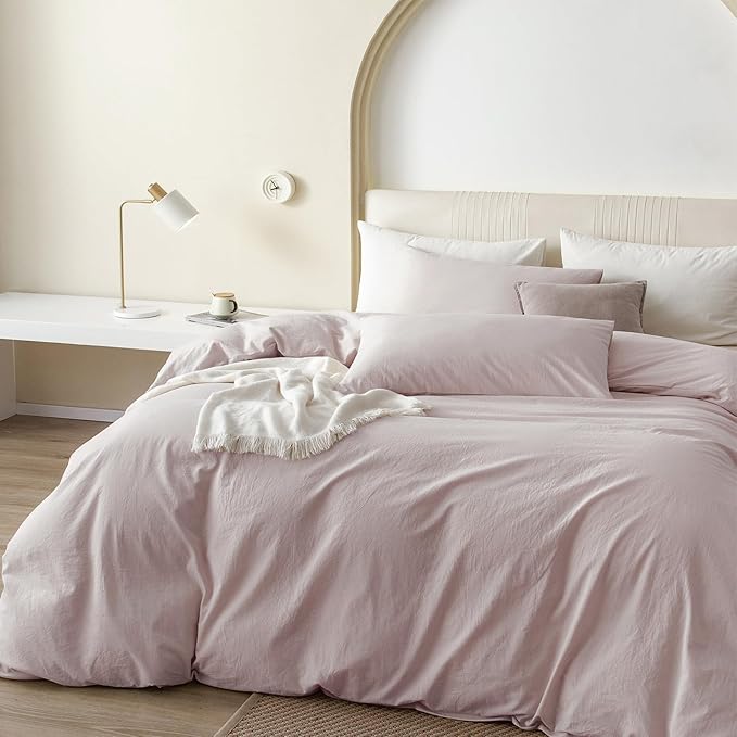 JIYUAN 100% Washed Cotton Duvet Cover Set 3 Pieces Cal King, 1 Duvet Cover 104x98 Inches (Comforter Not Included) and 2 Pillowcases,Linen Feel Bedding Set Comfy and Breathable, Heathered Greyish Pink