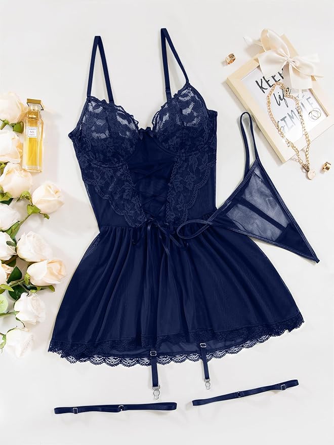 Lilosy Sexy Garter Belt Mesh Lace Babydoll Lingerie Dress Set with Thong