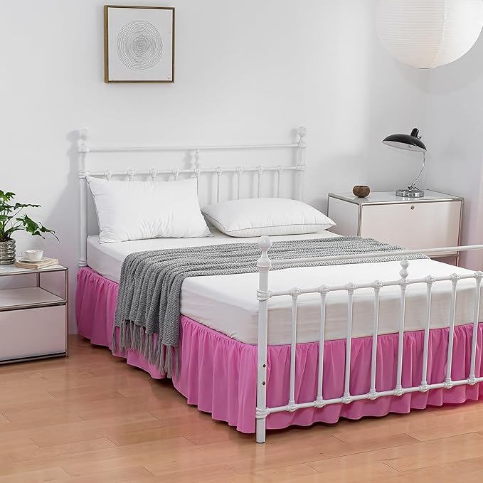 Bed Skirt King Size Ruffled Bed Skirts with Split Corners,14 Inch Drop Dust Ruffle Bed Skirt with Platform, 14 Inch Drop, Pink